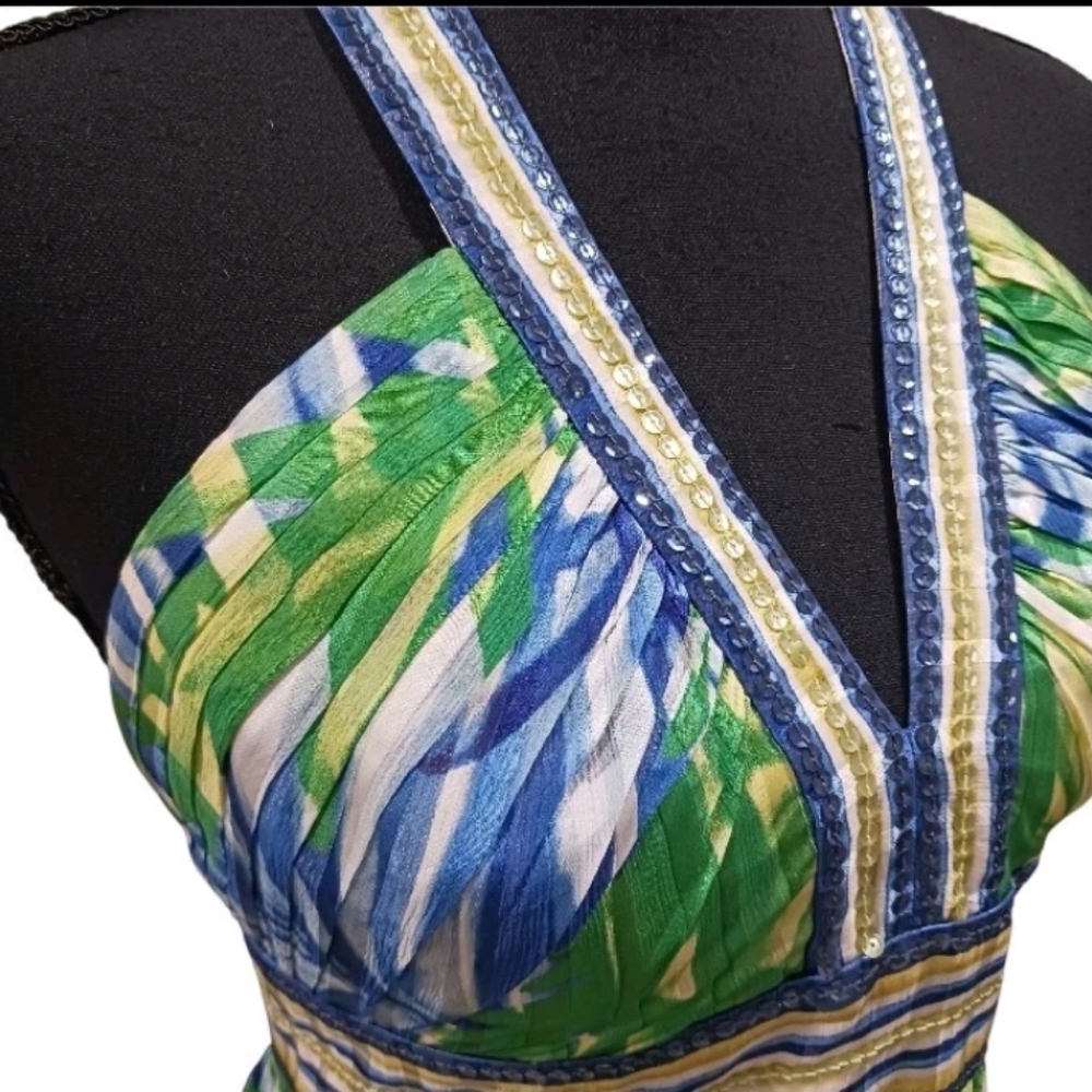 BCBGMaxAzria Silk Halter Maxi Dress Gown Palm Print Sequin - Picture 3 of 13
